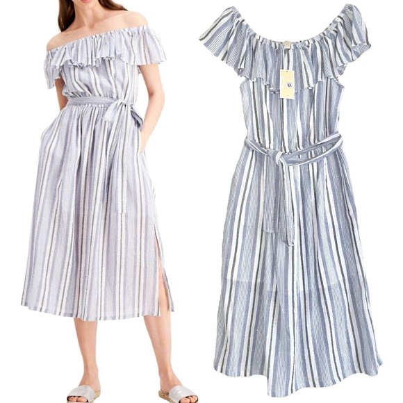 Michael Kors Midi Dress M Off the Shoulders Striped Chambray Metallic Blue White - Picture 1 of 12